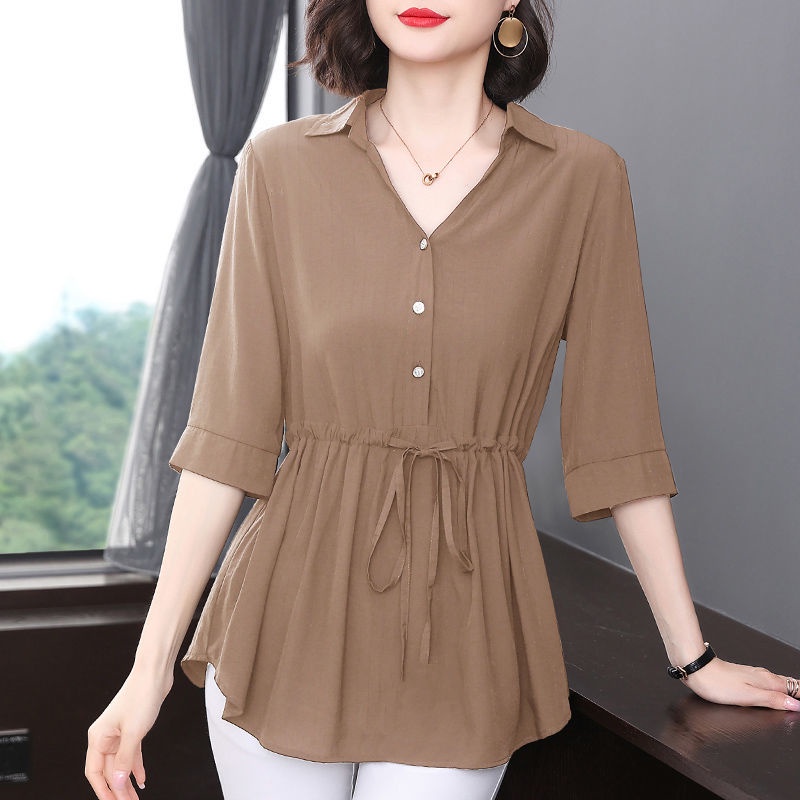 Áo kiểu trung niên nữ Bigsize Áo sơ mi voan nữ trung niên cho mẹ mỏng form rộng trơn che bụng mùa hè Phong cách hàn quốc Thời Trang trẻ trung sang trọng đẹp cao cấp