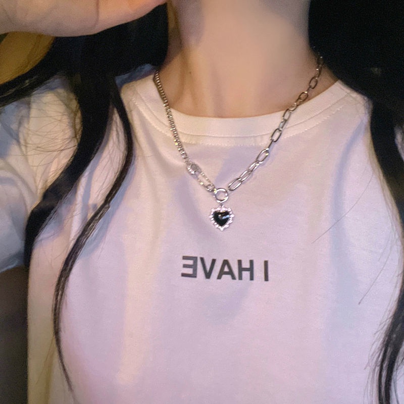 Collana con ciondolo a forma di spilla Black Love con strass pieni, moda retrò, catena per clavicola_voghion.com
