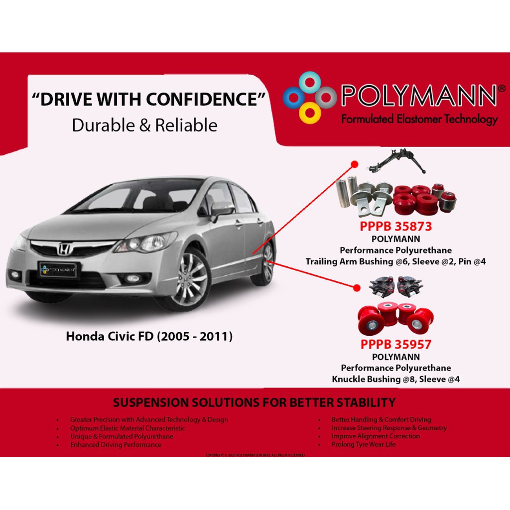 Polymann Honda Civic FD (2006- 2011)Polyurethane REAR Trailing Arm & Knuckle PU Bush (Not Silicone Bush, Not Nylon Bush)