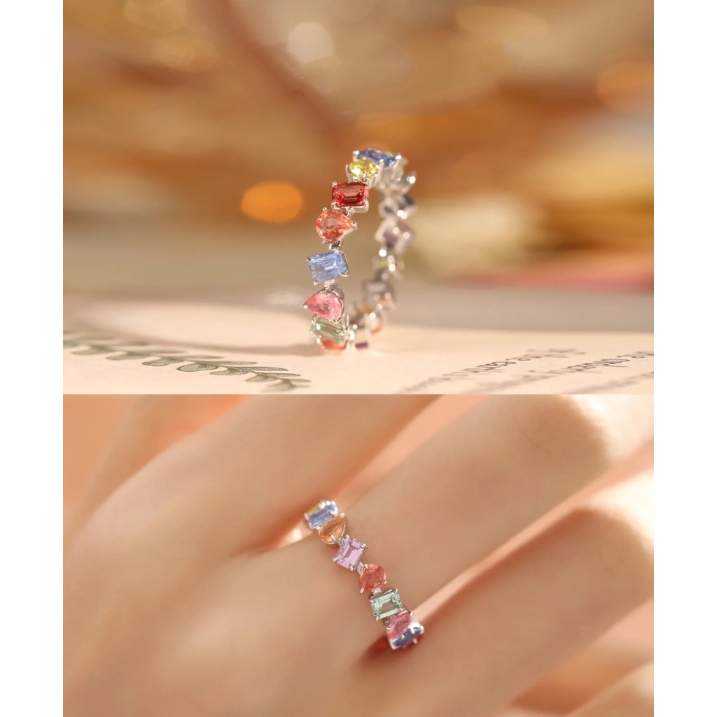 Fantastico anello aperto arcobaleno Scintillante cristallo geometrico Anello colorato Misura regolabile_voghion.com