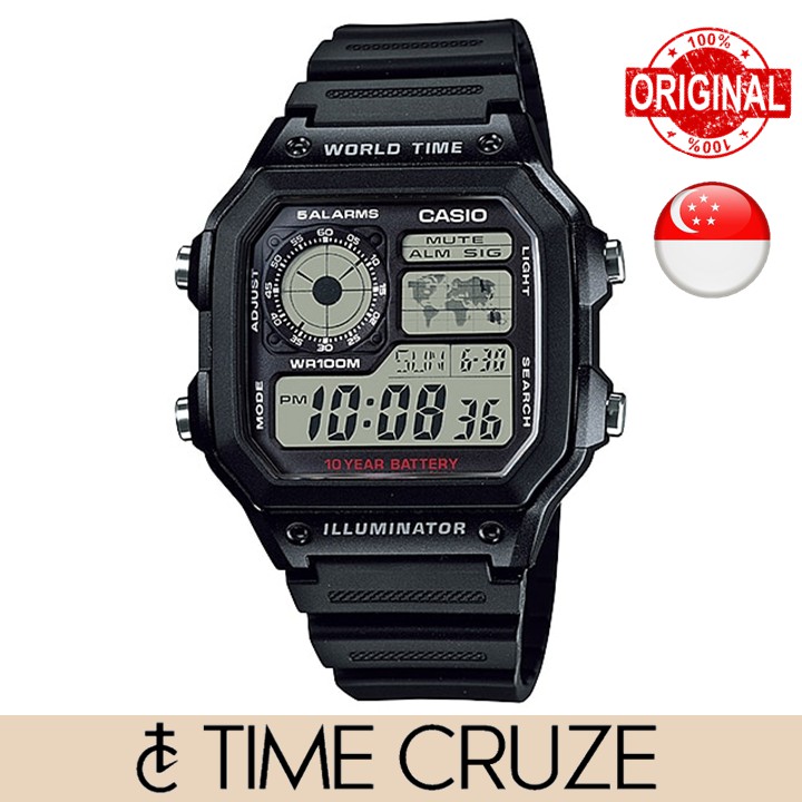 [Time Cruze] Casio AE-1200 World Time Illuminator Black Digital Sports Men Watch AE-1200WH-1AVDF AE-1200WH-1A