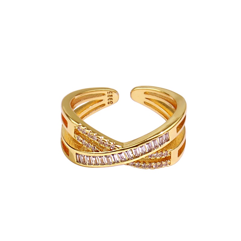 Anello aperto a forma di X regolabile con zirconi incrociati alla moda coreana_voghion.com