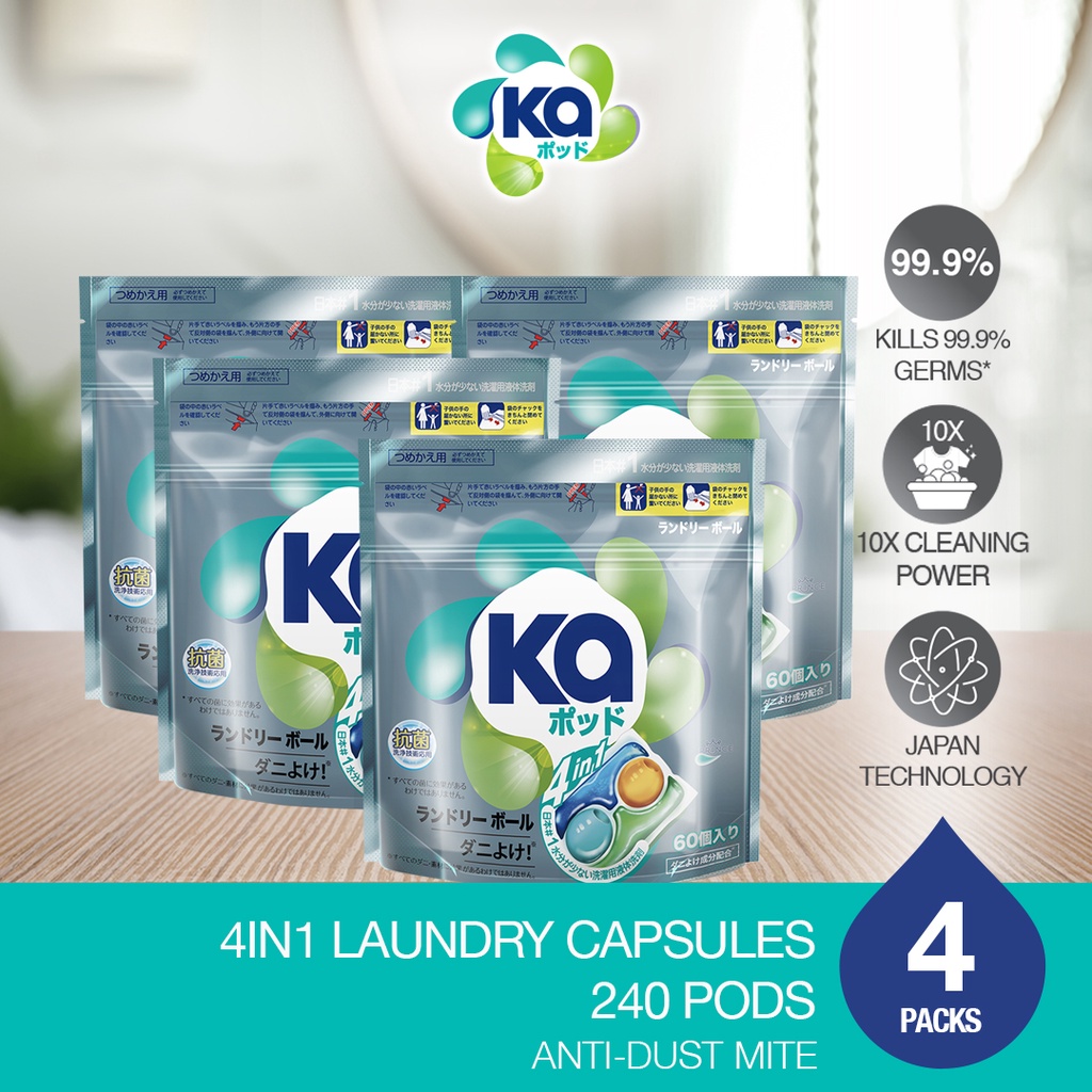 Ka 4in1 Laundry Capsules Refill 60 Pods x 4 Packets – Anti-Dust Mite