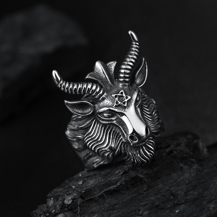 Fashion Big Sheep Goat Horn Head Ring Satan Worship For Men Unique Biker Punk Animal Jewelry_voghion.com
