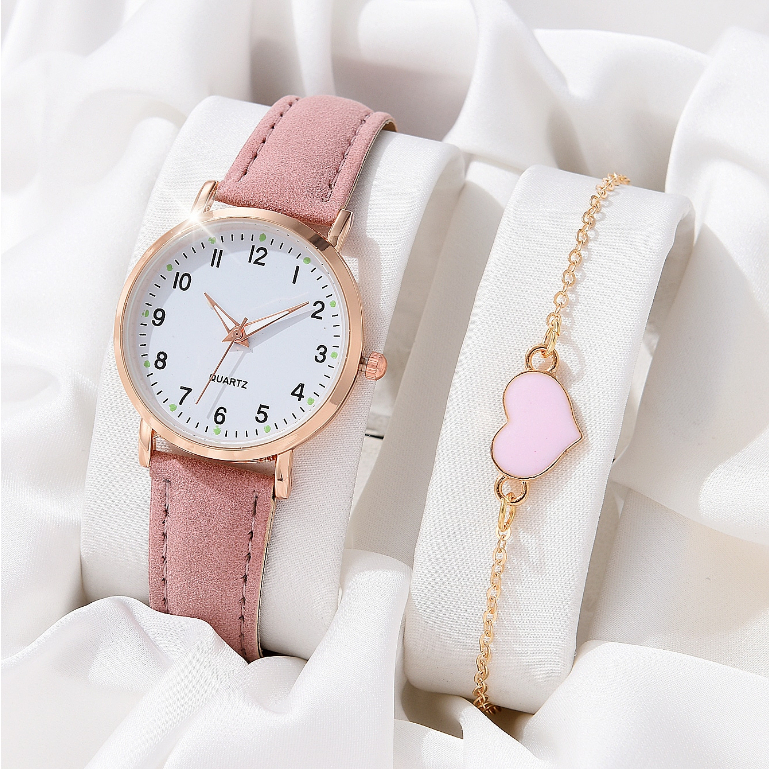 Korean Fashion Watch Belt Female Student Luminous Quartz Watch Bracelet Thin Strap 2 Pieces New Style Black Pink
