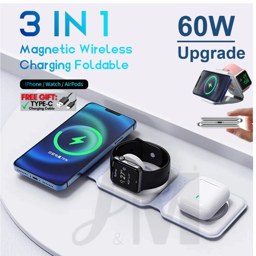 60W Wireless Charger 3 in 1 Magnetic Charger Foldable Fast Charger For Apple & Andriod Devices (Smartphone, Smartwatch, Audio)