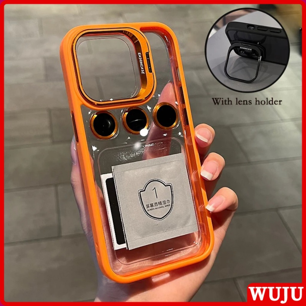 WUJU Luxury Acrylic Clear With Camera Lens Protector Metal Ring Holder Case Compatible For iPhone 16 11 12 13 14 15 Pro Max Plus Shockproof Transparent Phone Case Back Cover