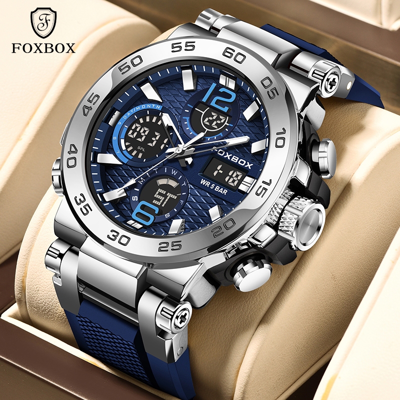 FOXBOX Watch For Men original Dual Display Waterproof Silicone Strap Luminous Quartz Wristwatch