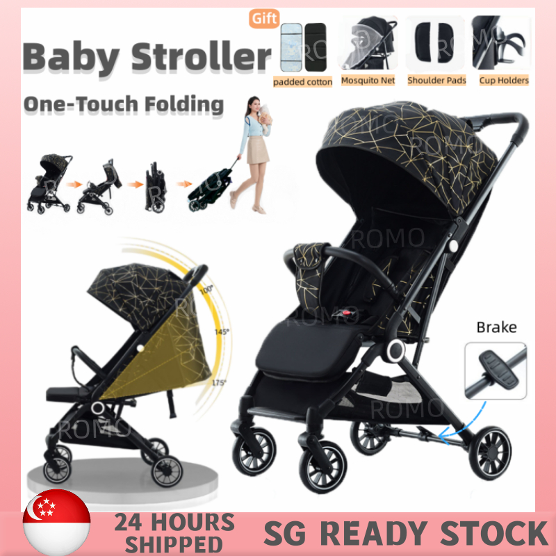 【?? READY STOCK】Baby Portable Travel Stroller One-Hand Folding Baby Stroller Lightweight Baby Shock Can Sit And Lie Down with Canopy