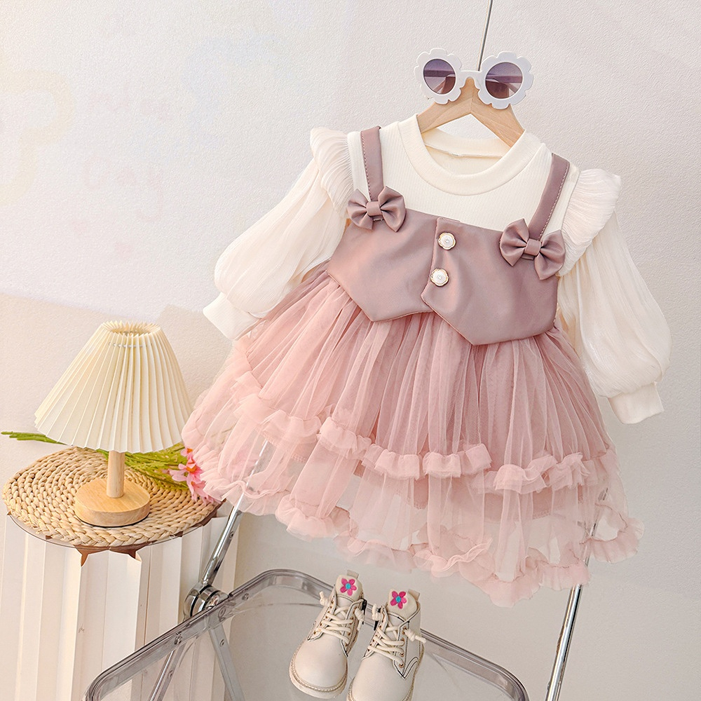 Prinsessklänning för baby flicka med rosett vår och höst_voghion.com