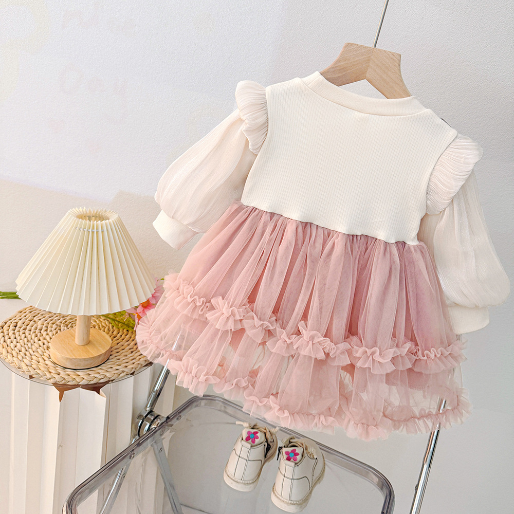 Prinsessklänning för baby flicka med rosett vår och höst_voghion.com