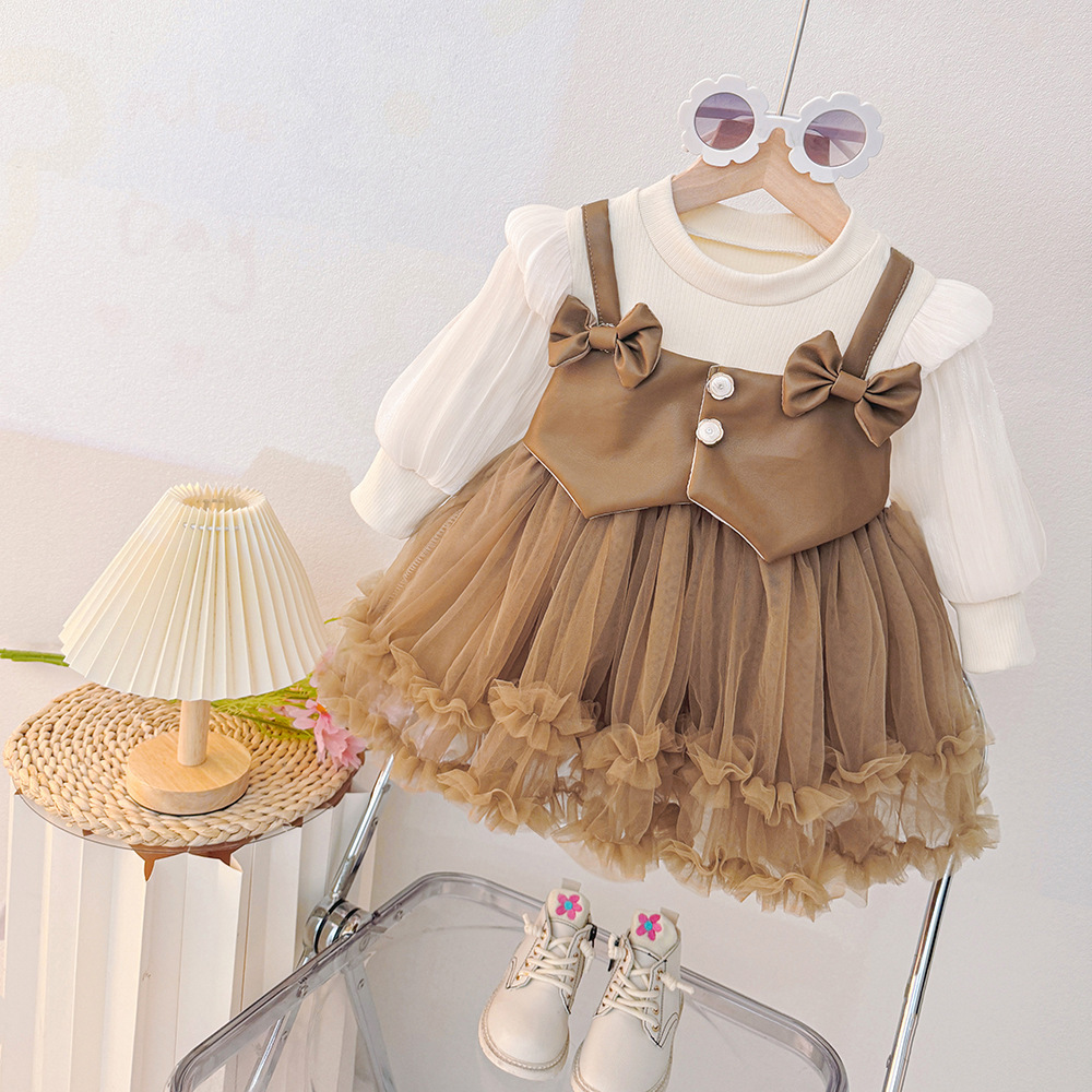 Prinsessklänning för baby flicka med rosett vår och höst_voghion.com