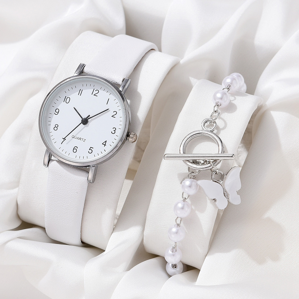 2 Pcs Women Watch Fashion Trend Roman PU Leather Watch Student Quartz Watch Women Bracelet Watch Set