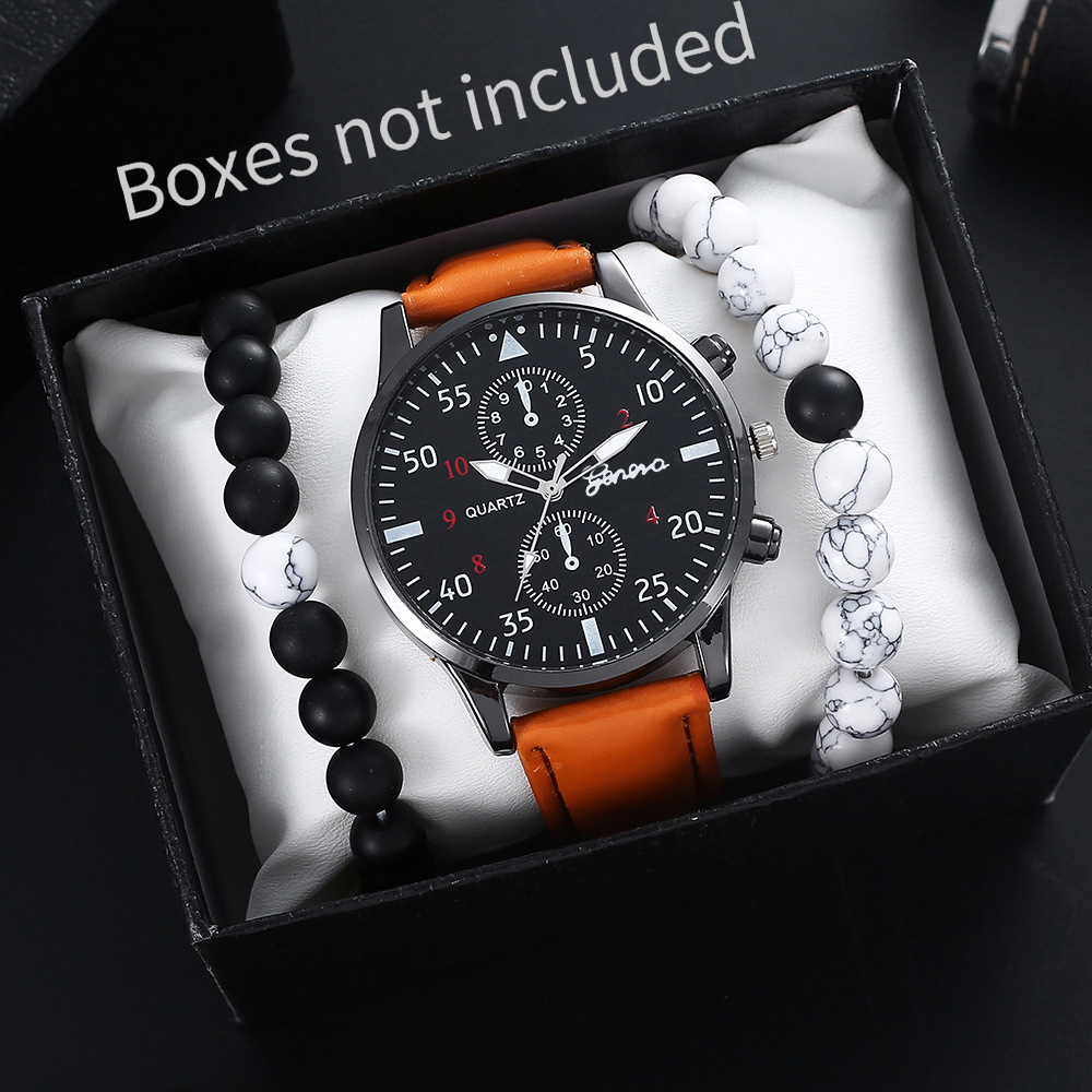 Geneva Watch Men's Business Watch Casual Leather Strap Quartz Watch Beaded Bracelet
