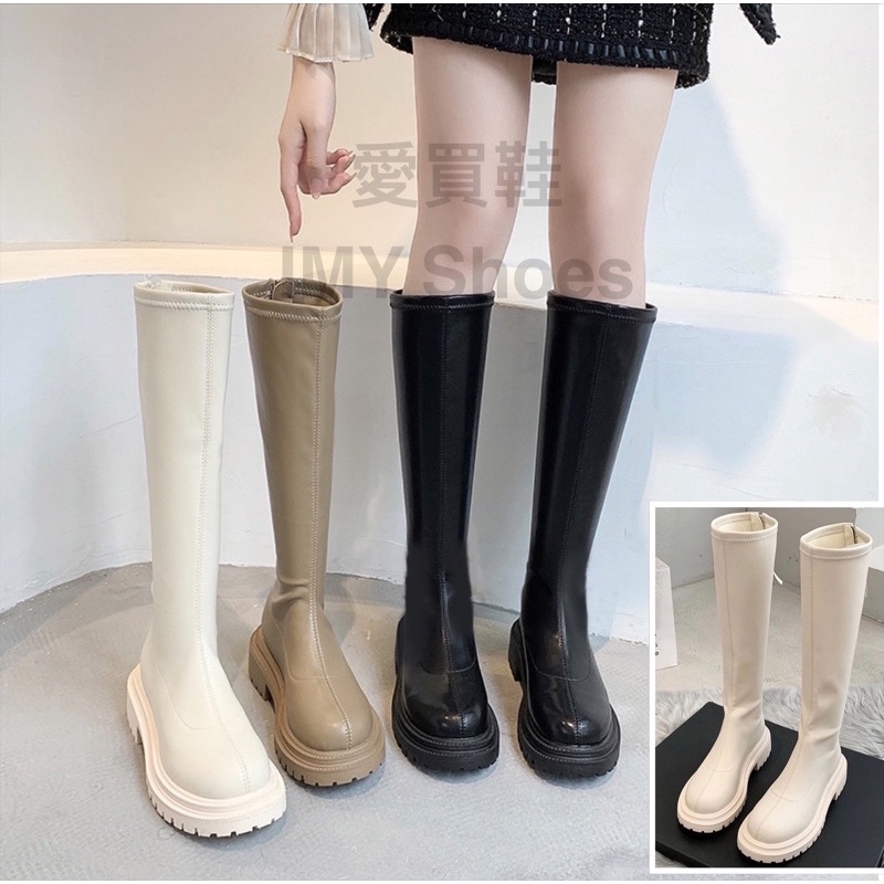 东大门火爆款?百搭素面 高筒靴【台湾现货快速出货】欧美风 高筒长靴 后拉链厚底靴 长筒靴 增高靴 军靴 骑士靴 长靴膝下