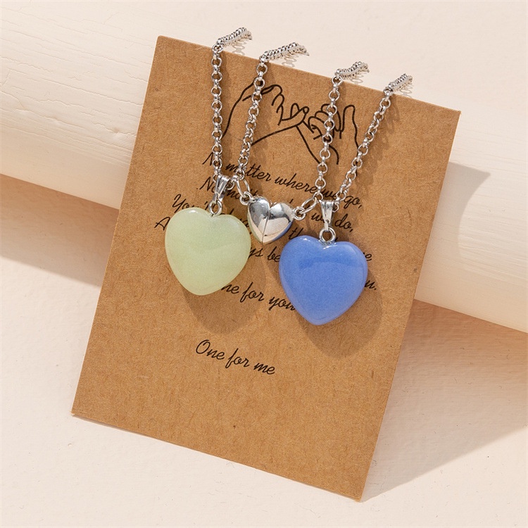 2Pcs/Set Luminous Hexagonal Column Heart Pendant Couple Magnetic Necklace Natural Stone Geometric Pendant Necklace set_voghion.com