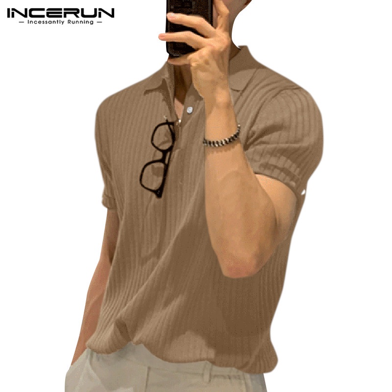 INCERUN Men's Summer Short Sleeve Button Up Stripe Casual Polo Shirts