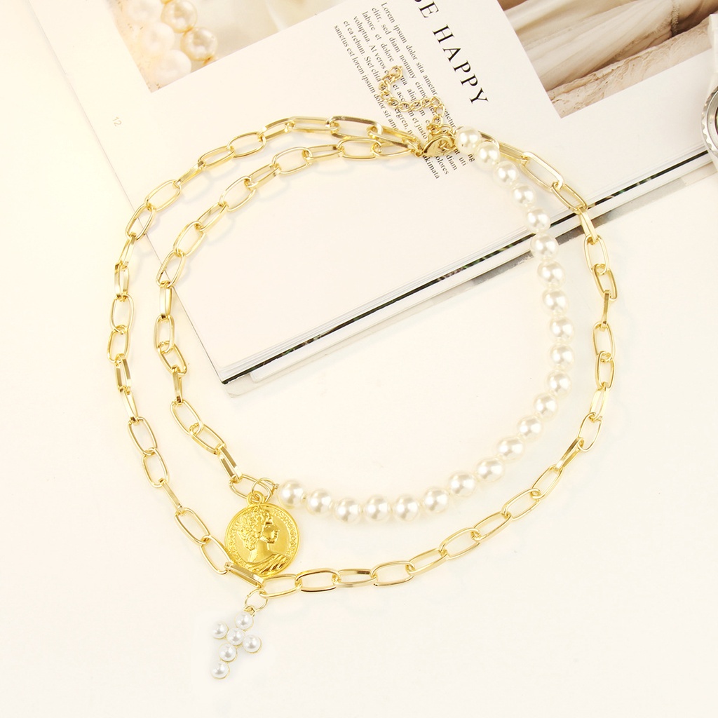 Collana multistrato con ciondolo a croce moneta e perla donna_voghion.com
