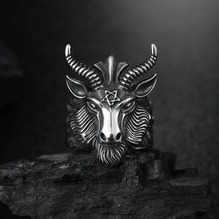 Fashion Big Sheep Goat Horn Head Ring Satan Worship For Men Unique Biker Punk Animal Jewelry_voghion.com
