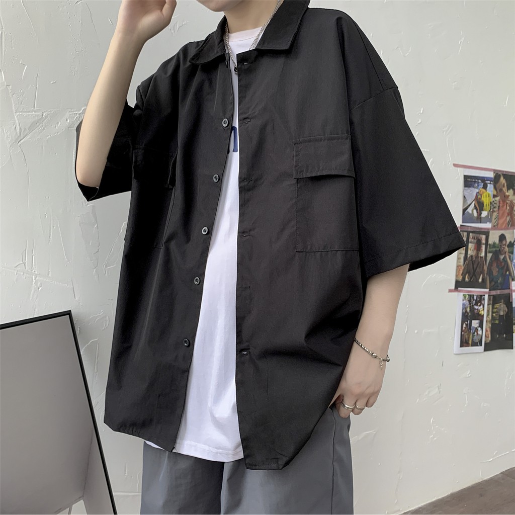 短袖襯衫 襯衫 花襯衫 男寬鬆日系工裝五分袖上衣港風百搭潮流半袖襯衣多口袋襯衫休閒襯衫夏季純色短袖襯衫痞帥慵懶風短袖襯衣