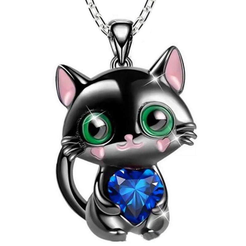 Collier pendentif chat noir cœur en cristal pour femme et homme_voghion.com