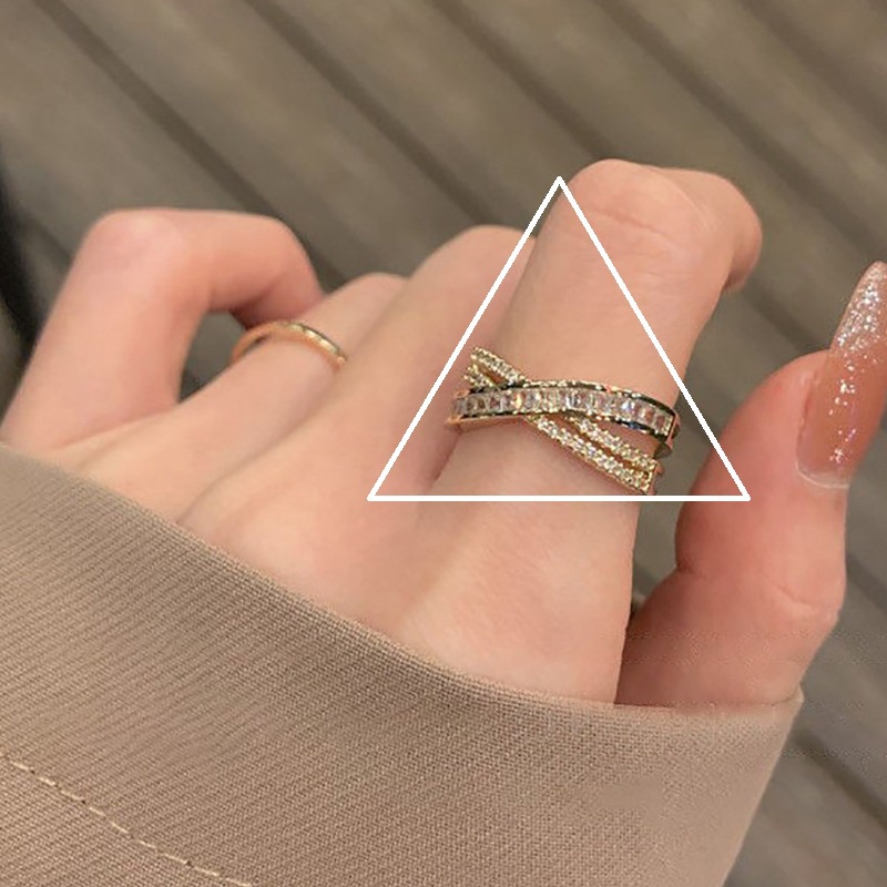Anello aperto a forma di X regolabile con zirconi incrociati alla moda coreana_voghion.com