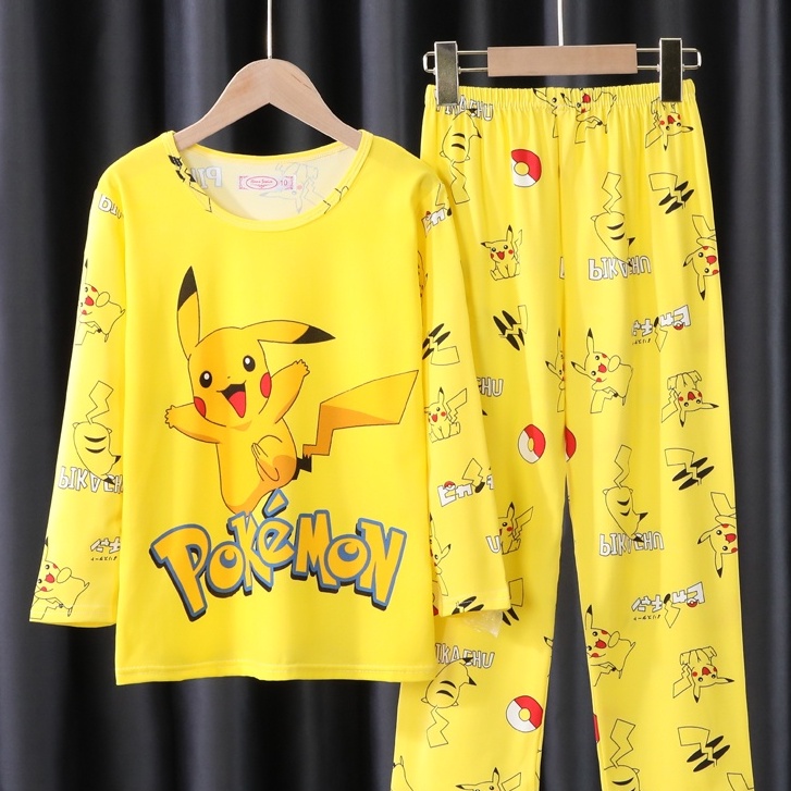 New Promotion Summer Pajamas Boy Clothes Kids Comfy Pokemon Cartoon Children Home Clothing Long Sleeve Round Neck Nightdress