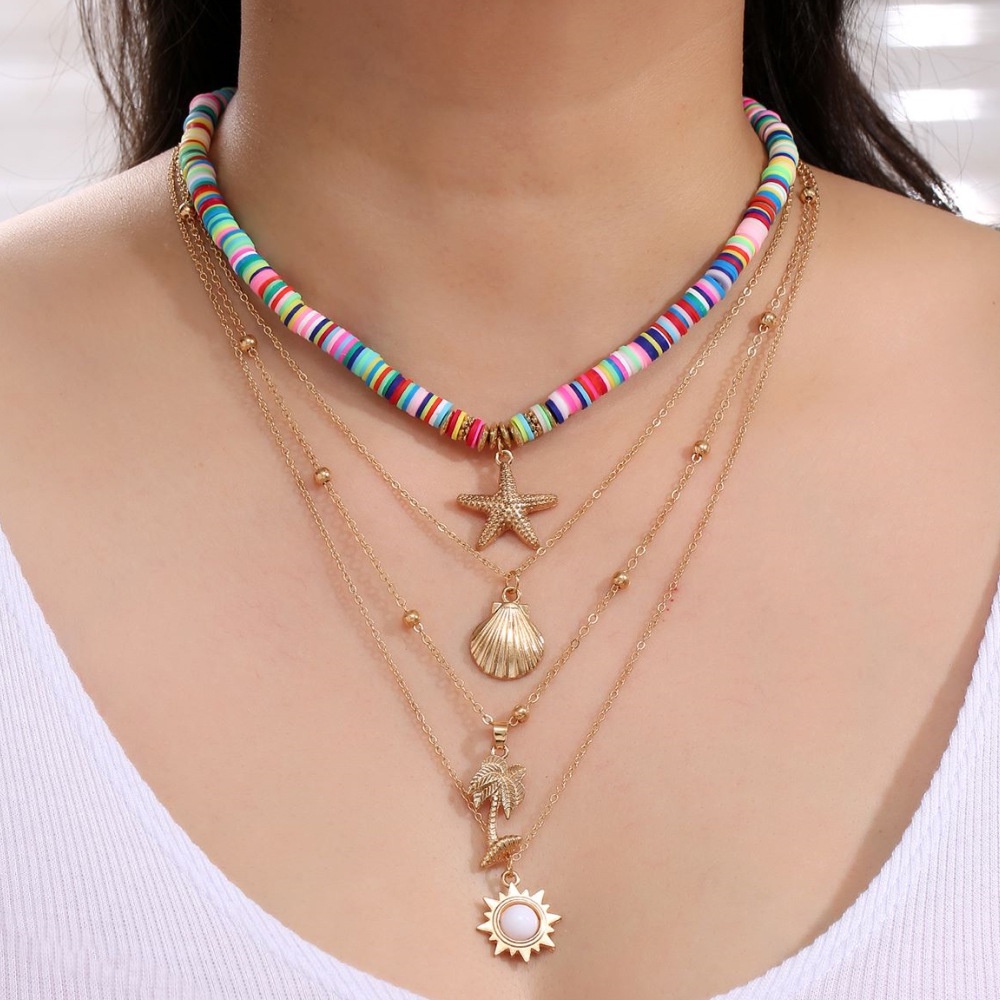 Neue Retro Weiche Keramik Seestern Shell Mehrschichtige Halskette Einfache Sonne Kokosnuss Legierung Anhänger_voghion.com