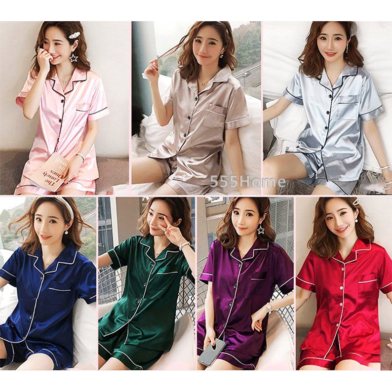 SG Seller] Sleepwear Satin Pyjamas / Men & Women Adult Pajamas / Ladies  Night Wear/ Short Sleeve PJ Set