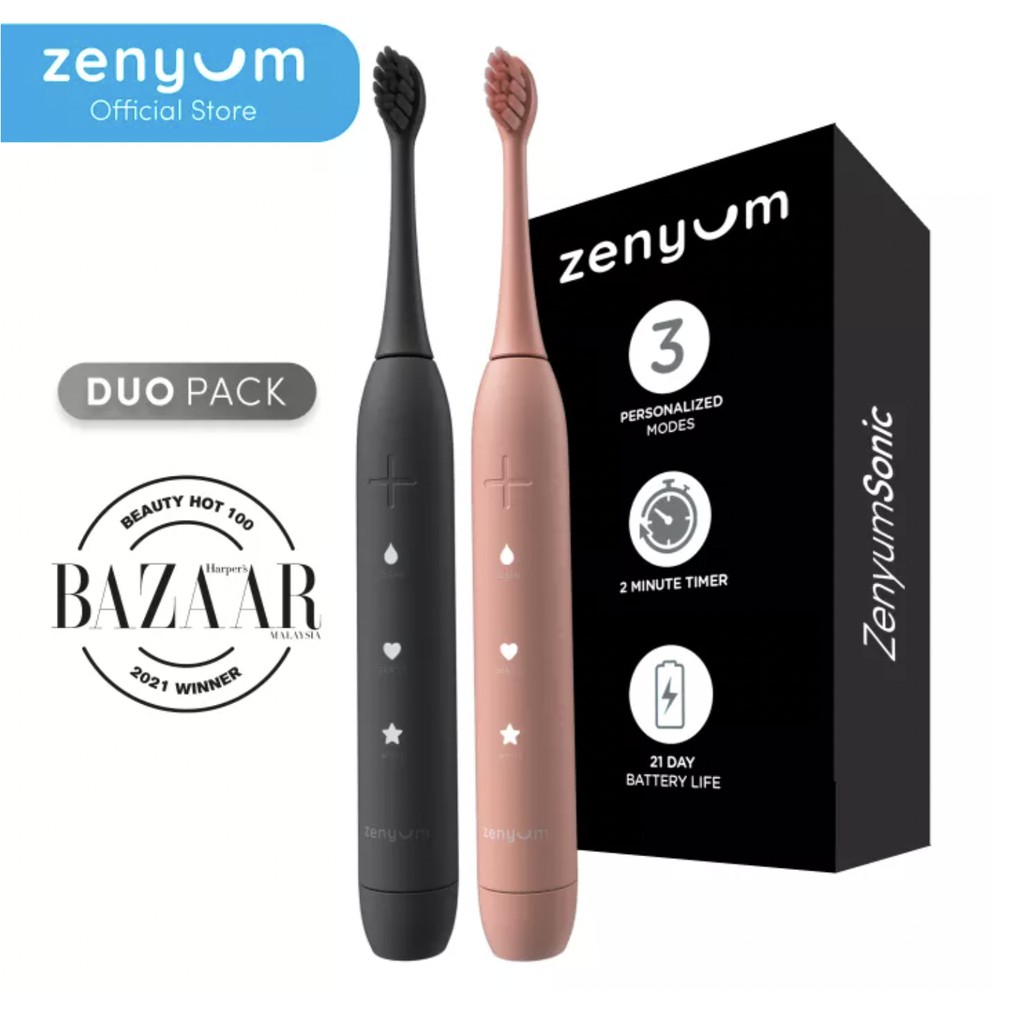 Zenyum Sonic Set of 2 Electric Toothbrushes - Rechargeable w/ 3 Modes, 21-Day Battery, 2 Min Timer and Wireless Charging