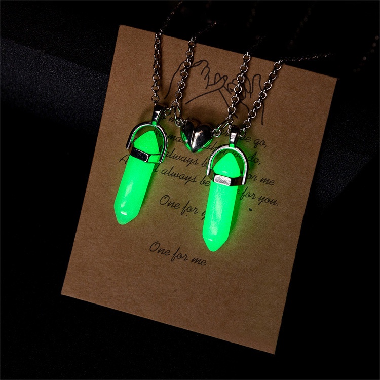 2Pcs/Set Luminous Hexagonal Column Heart Pendant Couple Magnetic Necklace Natural Stone Geometric Pendant Necklace set_voghion.com