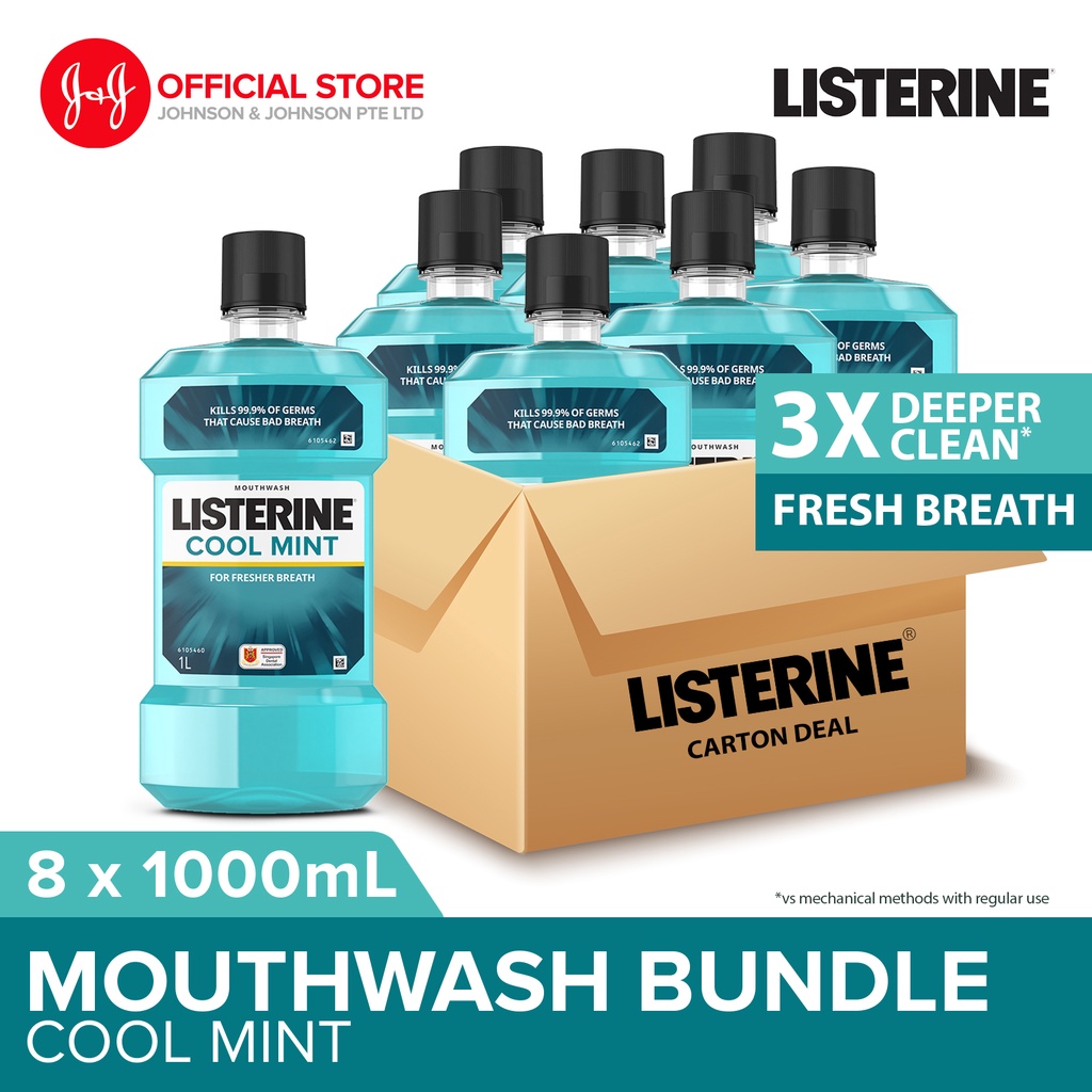 [Bundle of 8] Listerine Cool Mint With 4 Essential Oils 1000ml (Fresh Breath Dental Oral care)
