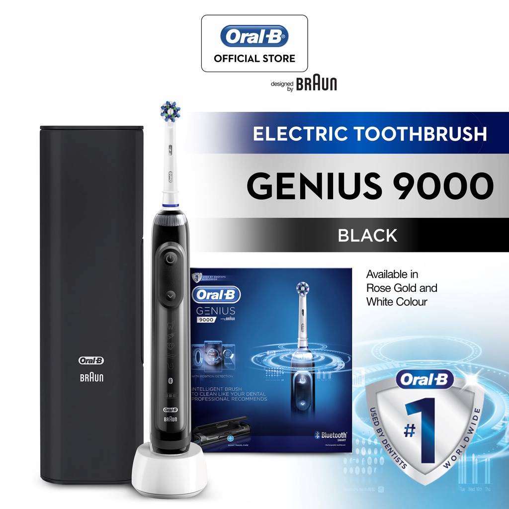 Oral-B Genius 9000 Electric Toothbrush with Gum Care, Floss Action, Whitening Mode, Black, White, Rose Gold