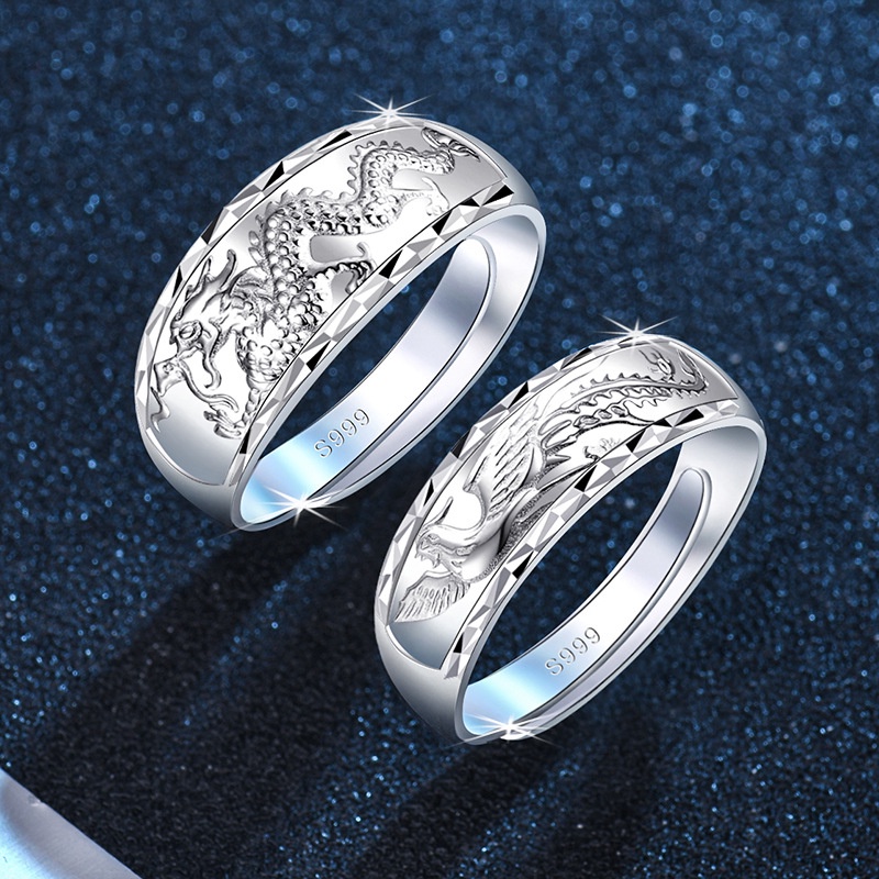 Dragon And Phoenix Couple Ring Adjustable Open Design Unisex_voghion.com