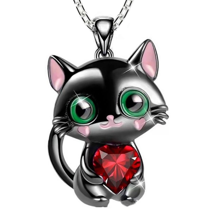 Collier pendentif chat noir cœur en cristal pour femme et homme_voghion.com