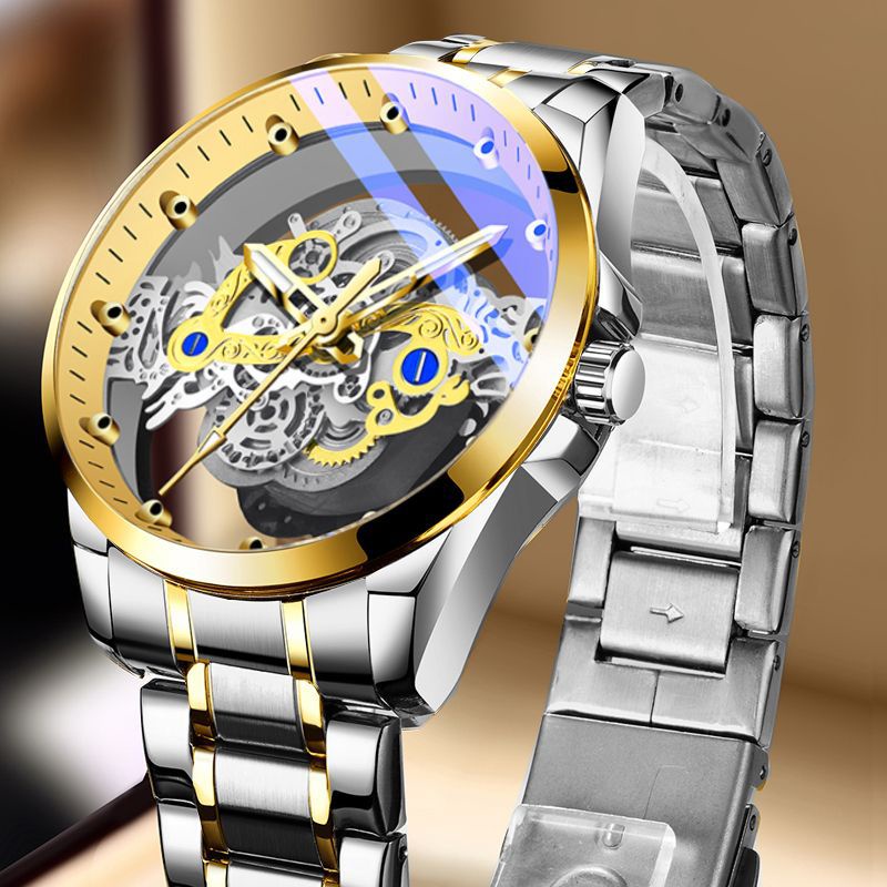Men's Automatic Double-sided Hollow Waterproof Luminous Watch Business Stainless Steel Quartz Watch Jam Tangan Lelaki