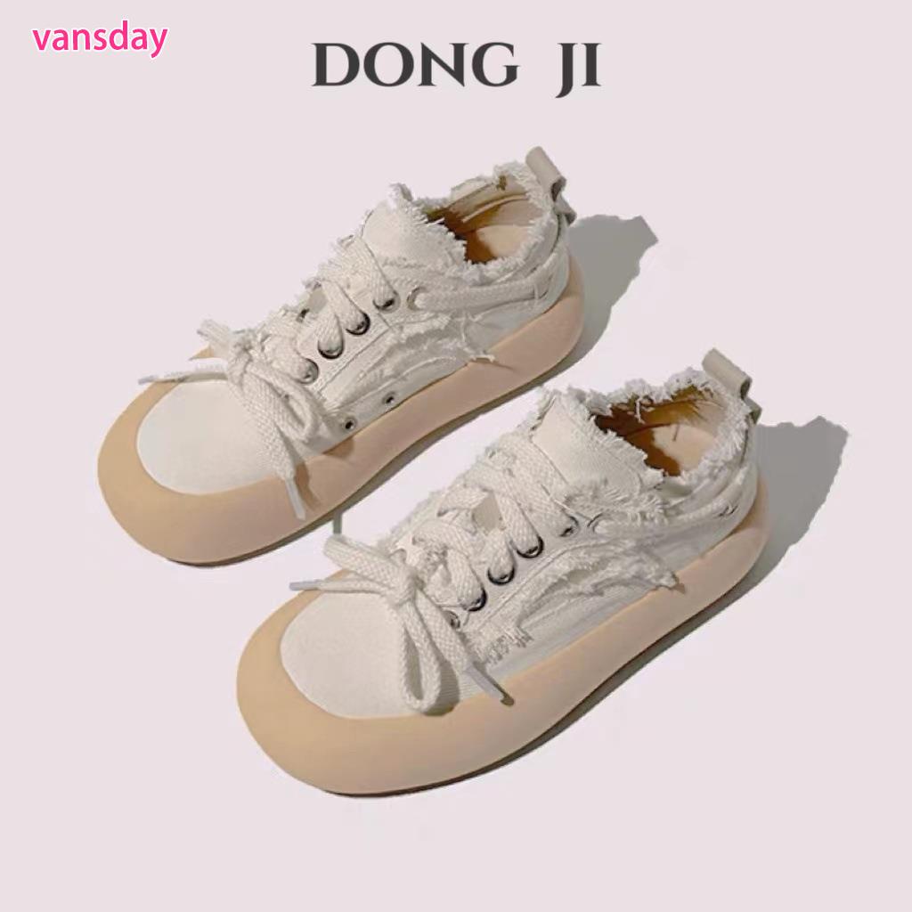 包頭半拖鞋女夏季新款增高小白帆布厚底毛邊流浪Q彈圓頭ins潮