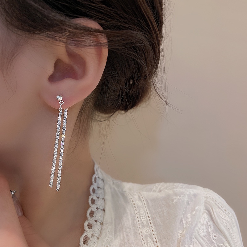 S925 Silber Nadel Lange Quaste Ohrringe Funkelnde Super Glänzende Zarte Ohrringe_voghion.com