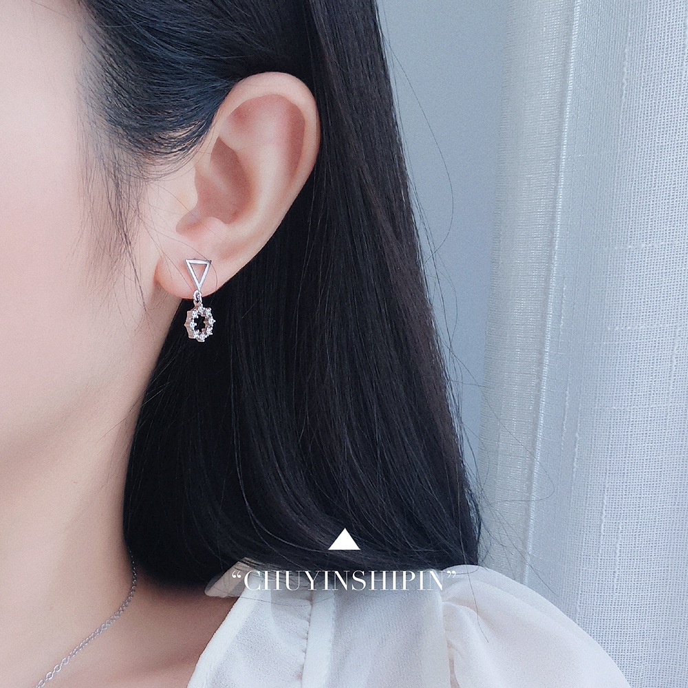 ins Sterling Silver Earrings Geometric Circle Triangle Asymmetric Stud Earrings Simple Jewelry_voghion.com