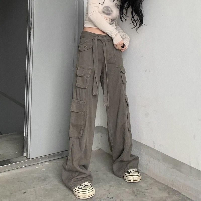 Retro High Waist Cargo Jeans Women Loose Straight Leg Denim Pants