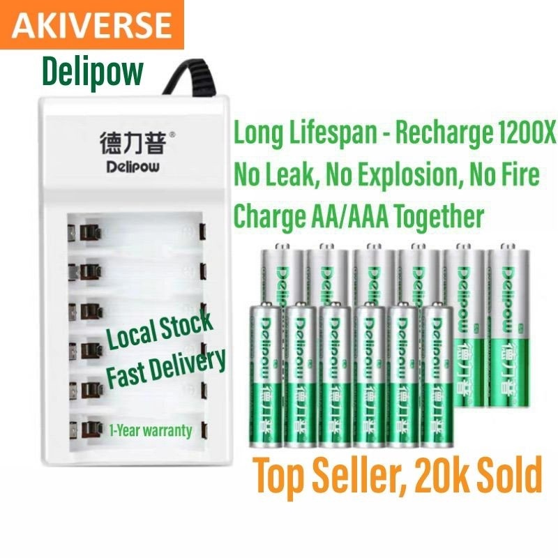 ? Delipow AAA AA Rechargeable Battery Ni-MH LED USB Charger batteries nimh 6 slots