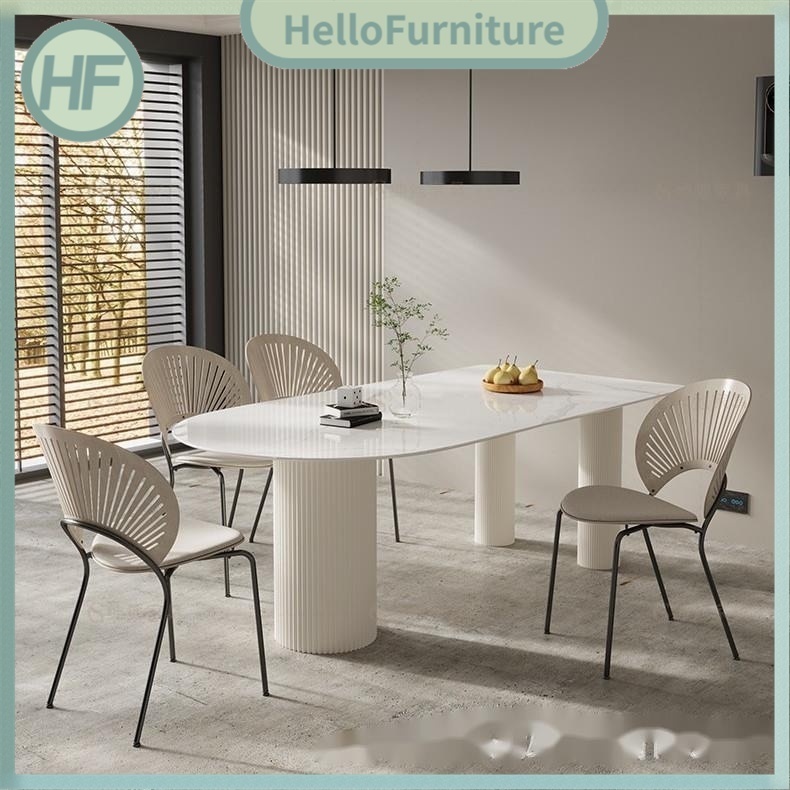 HELLOfurniture Nordic Marble Dining Table Set Pure White Rock Plate and Chair Combination Modern Minimalist Semicircular Household Designer Island Suvj GZQA WCP3