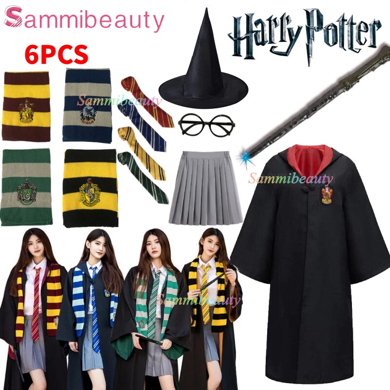 6PCS Harry Potter Cloak Robe Cosplay Costumes Gryffindor Slytherin Ravenclaw Hufflepuff Set Magic Tie Scarf Glasses Gift Child Adult Cape Hermione Halloween Cosplay School Graduati