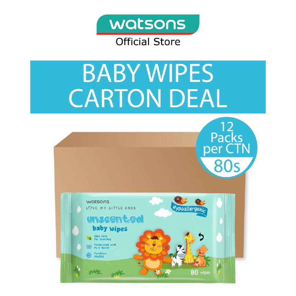 WATSONS Unscented Baby Wipes Hypoallergenic 80s X 12 Packs (per carton)