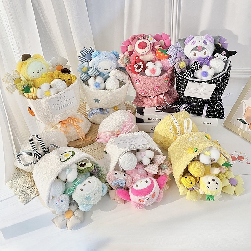 三麗鷗花束毛絨公仔 My Melody Kuromi Cinnamoroll Kt 貓手工毛絨公仔玩具情人節畢業帶包