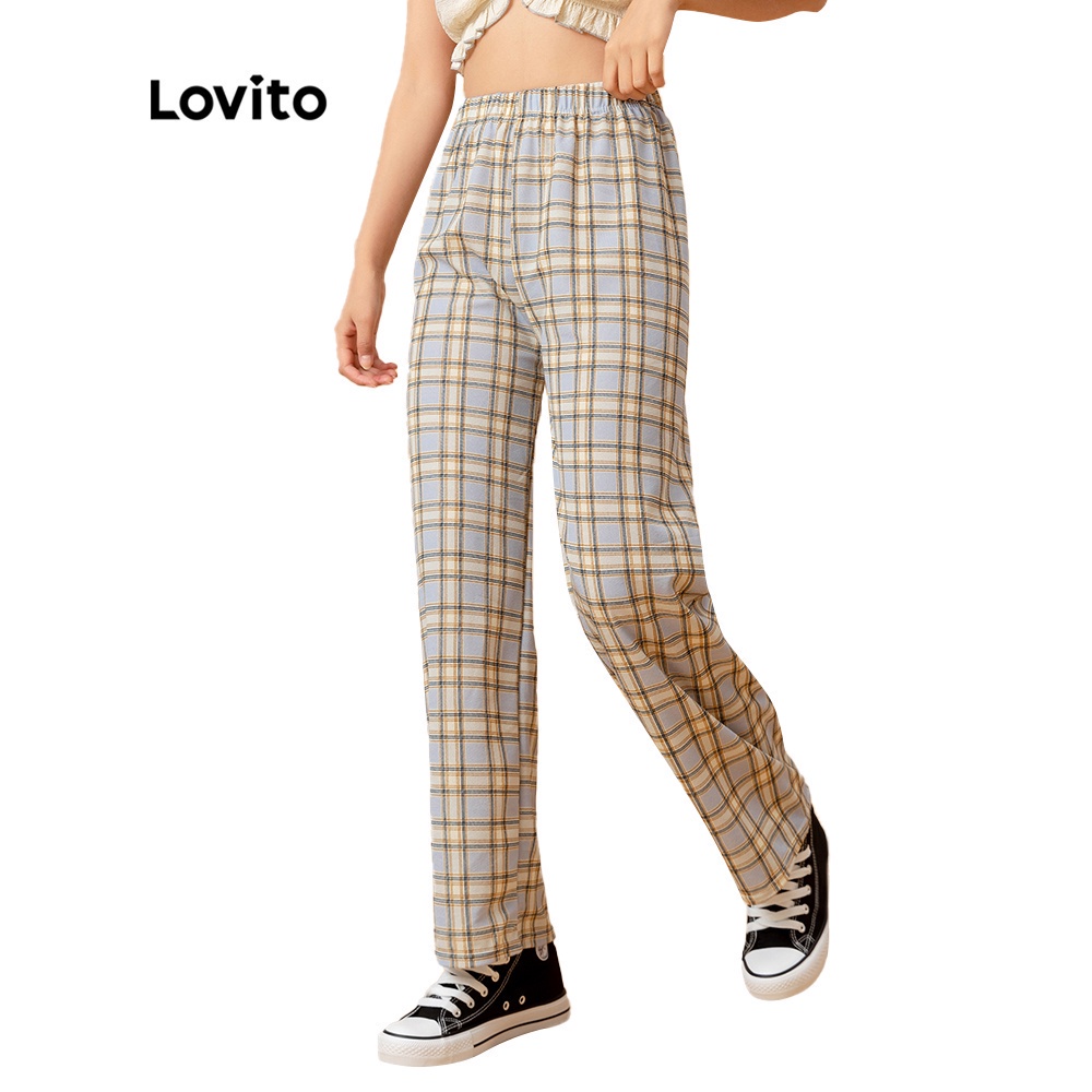 Lovito Casual Straight Leg Plaid Elastic Waist Pants L00270 (Light Green/Green/Yellow/Blue/Coffee)
