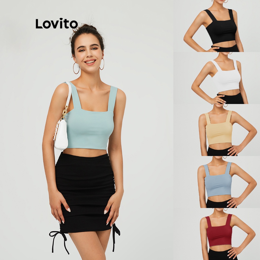 Lovito Trendy Solid Navel Shoulder Strap Square Tank Crop Tops Sando for Women L03020 (Green/Black/White/Red/Blue/Beige)