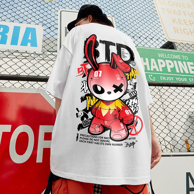 2023 Fashion Pink Mechanical Rabbit Printed T-shirt Men's Fashion Round Neck Short Sleeve T-shirt Oversized Shirt Hip Hop Street Shirt Black White Large Top