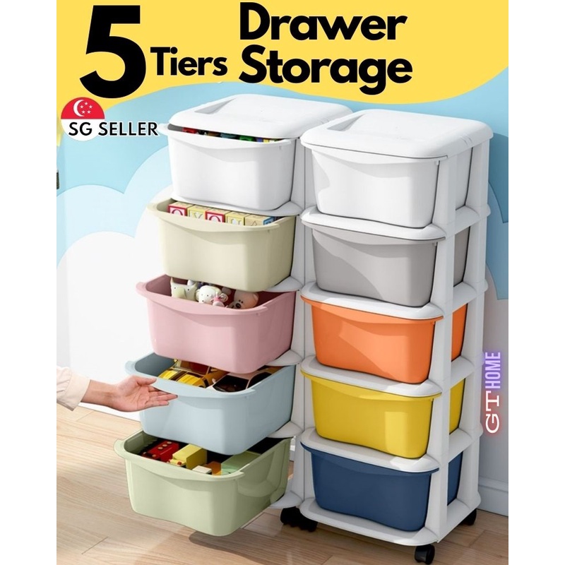 5 Tiers Plastic Drawer Storage Cabinet with Movable Wheels for Children Toys Household Products Snacks Dry Food