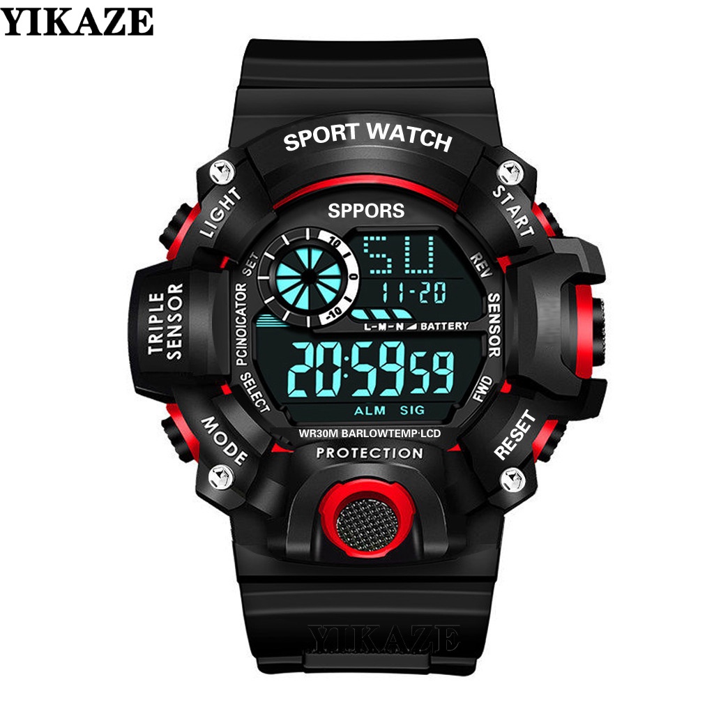 YIKAZE Men Sport Watch LED Digital Watch Multifunctional Military Clock Waterproof Outdoor Luminous Electronic Watch for Kids